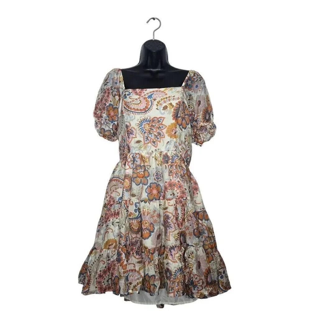 1. State Dress Size M Puff Sleeved Paisley Bohemian Tiered Square Neck